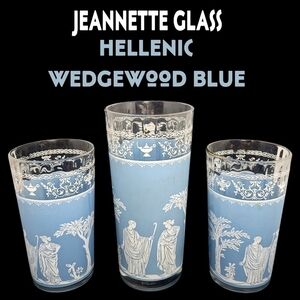 Vintage 1960s Jeannette glass Greek hellenic Wedgewood blue 3 piece glass set